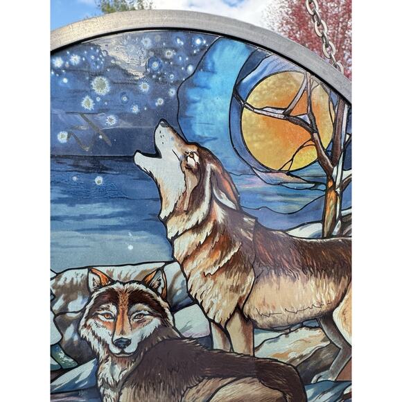 1990 Glassmasters Howling Wolves 8.75” Stained Glass Suncatcher – Made in USA - Picture 7 of 10
